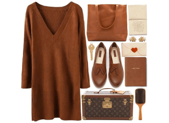 matching earthy toned dress and accessories