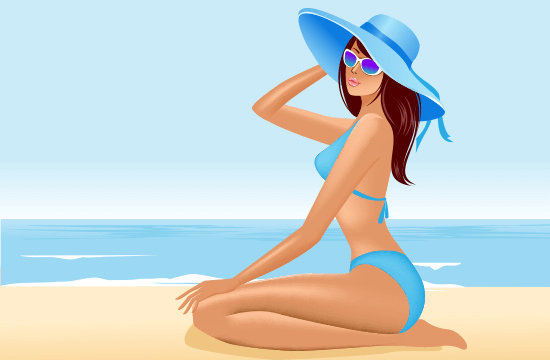 cartoon lady in bathing suit posed at the beach